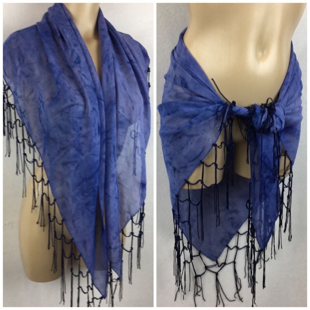 Blue Marbled Print‎ Fringe Netted Sheer Scarve Swimsuit Wrap